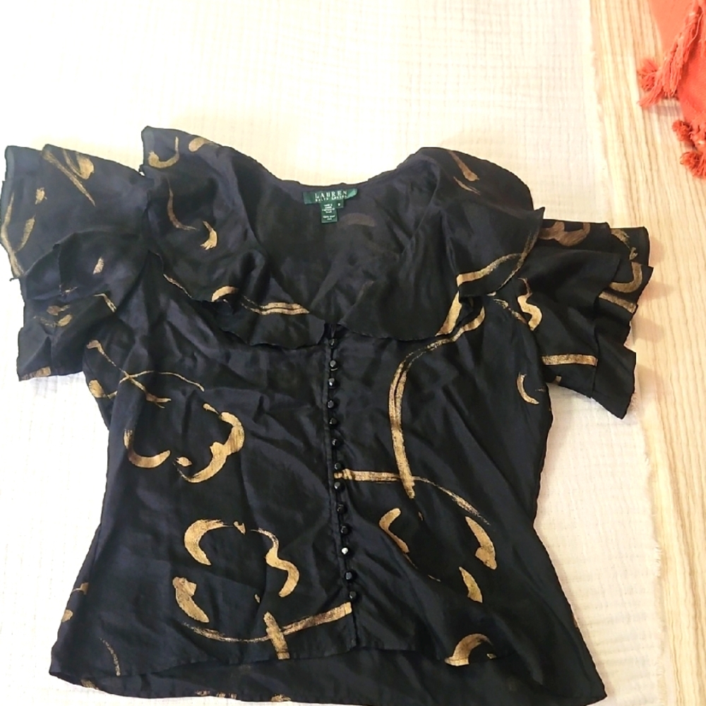 Lauren Ralph Lauren Black Blouse with Gold Patterns